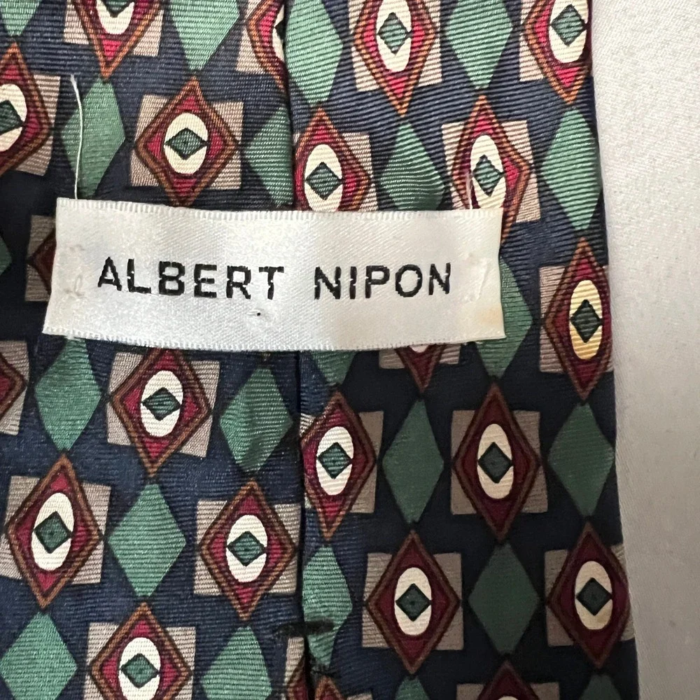 Albert Nipon‎ Silk Tie Geometric Retro Diamond Pattern Navy Green Burgundy Men